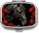 Cavallo nero su uno sfondo di Red Roses Pill Box 2 Compartment Portable Pill Case Daily Square Pill Organizer per Pocket Purse Daily Medicine Container per mantenere le vitamine Fish Oil Travel Gifts