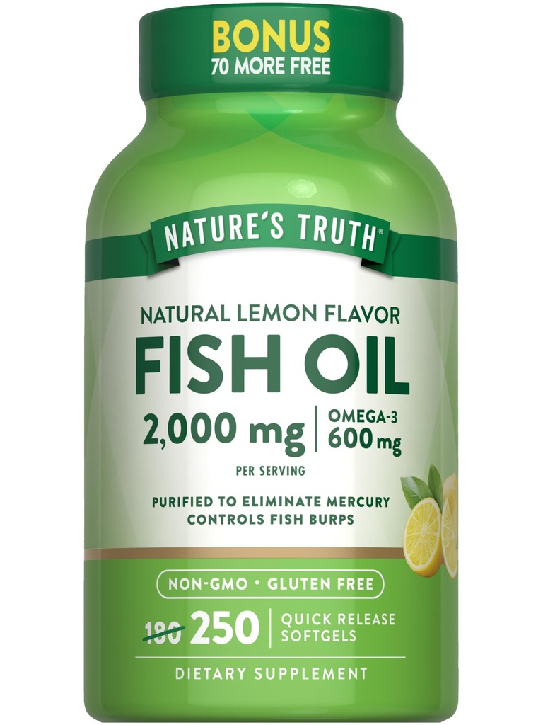 Nature's Truth Fish Oil 2000 mg | 600 mg Omega 3 | 250 Softgels | Natural Lemon Flavor | Non-GMO und glutenfreie Ergänzung