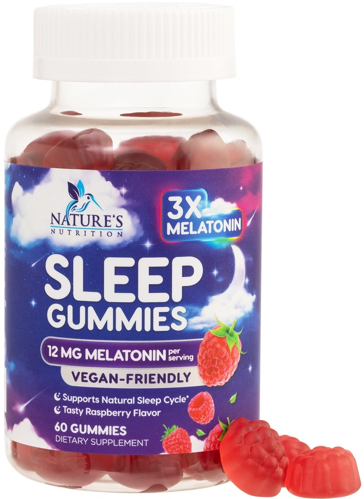 Schlafgummis für Erwachsene Extrastärke - 12 mg Melatonin Schlaf-Gummi-Ergänzung, Melatonin-Gummi für Freizeit Schlaf-Ergänzung, Vegan, Non-GMO, Glutenfrei, Gomitas para Dormir, 60 Gummies