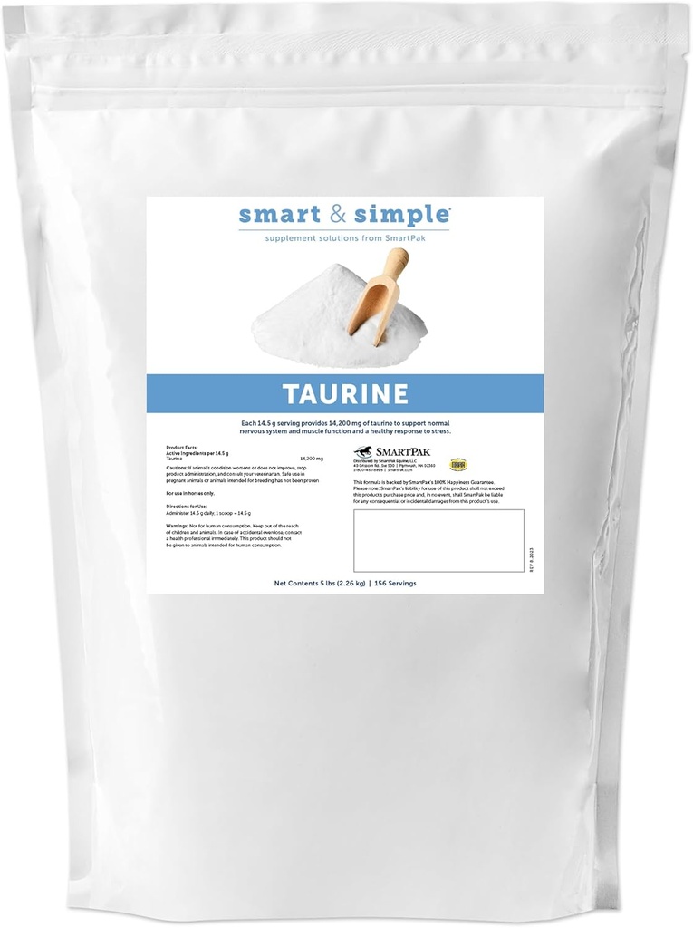 Smart & Simple Taurine Powder | Integratori di cavalli | 14.200 mg di Taurina per cavalli | Supporta i muscoli Struttura esterna e interna | Supporta un Demeanor Calma | 156 Serve | 5 lb