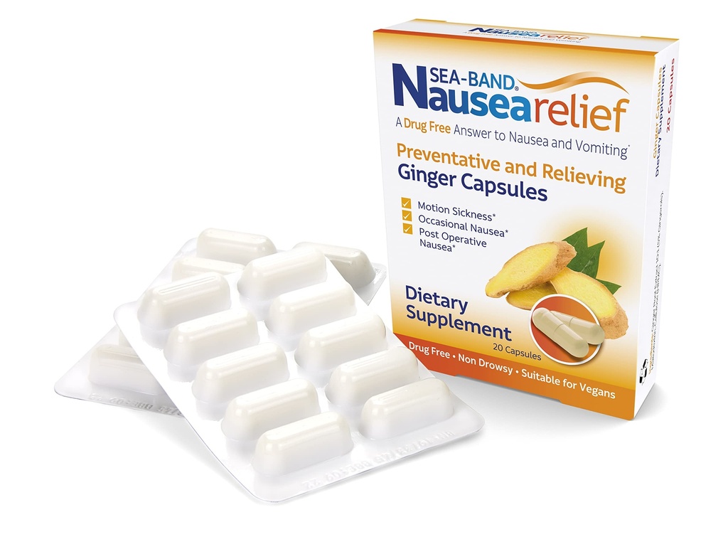 Capsules Ginger Anti-Nauséa Sea-Band pour la maladie de mouvement et le soulagement de la nausée