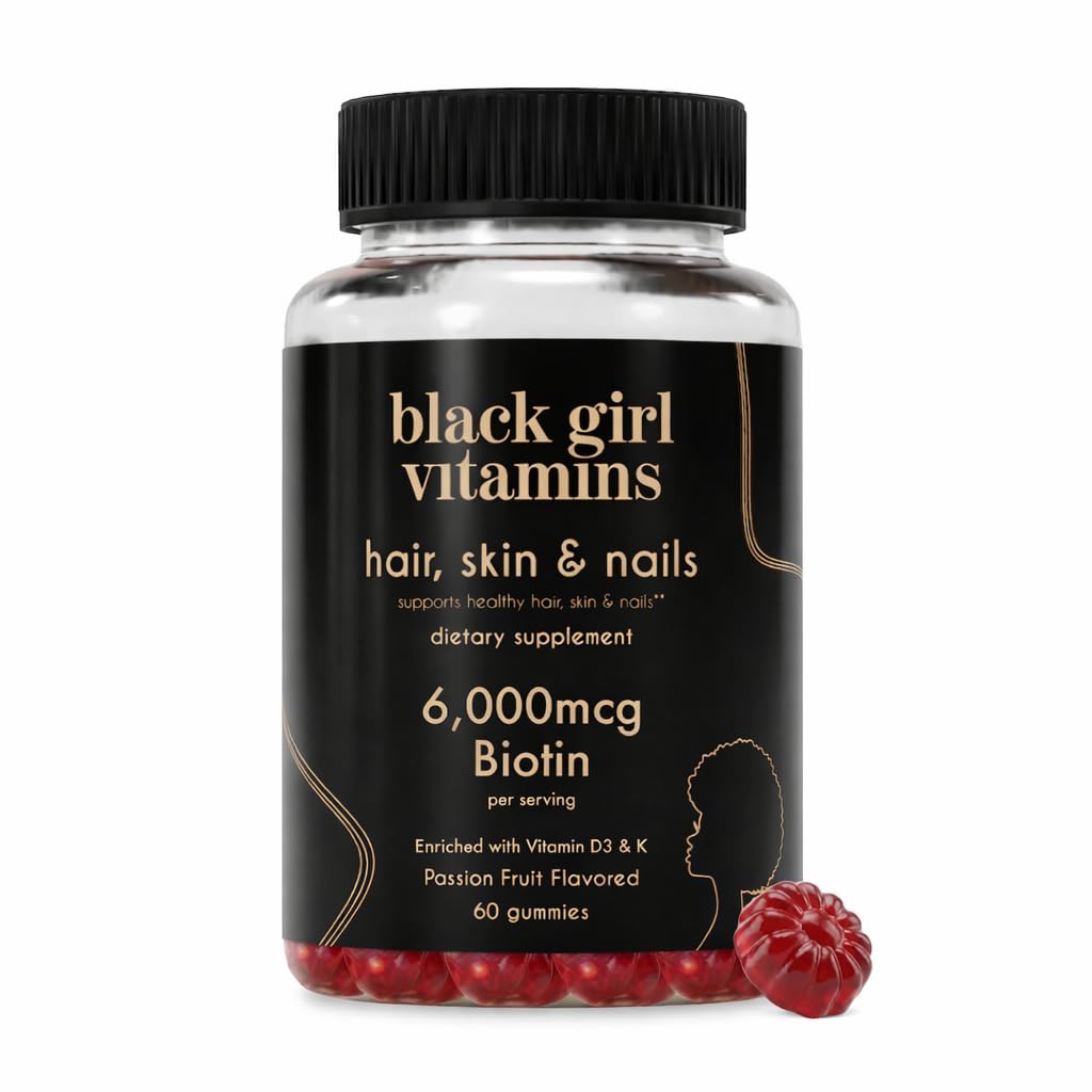 Vitamine di Ragazza Nera - Capelli, Pelle e Unghie Gummies con Biotina (6000 mcg), Zinco, Gelatino Libero, Vitamina A e Vitamina E - Senza Glutine. Prodotto negli Stati Uniti (frutta di passaggio, 60 conte) 30 giorni di alimentazione