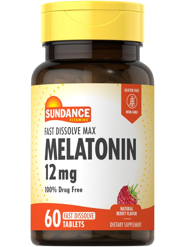 Sundance Melatonin 12mg | 60 compresse di dissolvenza rapida | Natural Berry Flavor | Vegetariano, Non OGM e Gluten