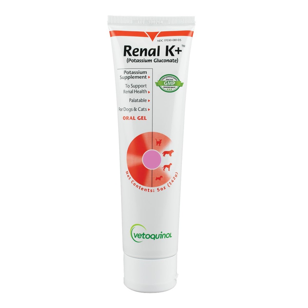 Vétoquinol Renal K+ (Gluconate de potassium) Gel de supplément de potassium pour chiens et chats, 5oz