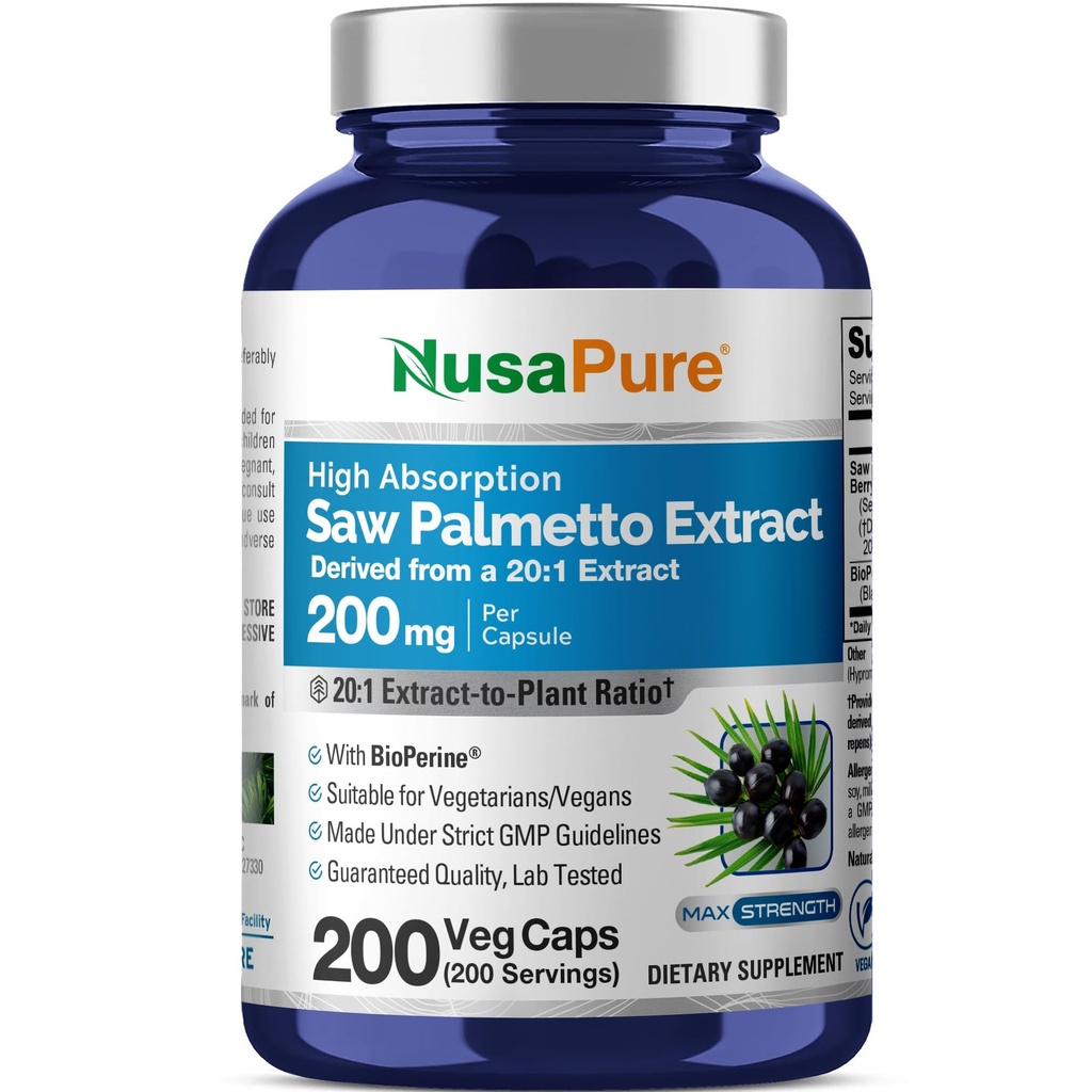 NusaPure Saw Palmetto 20:1 Extrakt, 200 mg Äquivalent zu 4.000 mg pro Veggie Caps 200 Count Non-GMO, Vegan, Vegetarisch, Bioperine