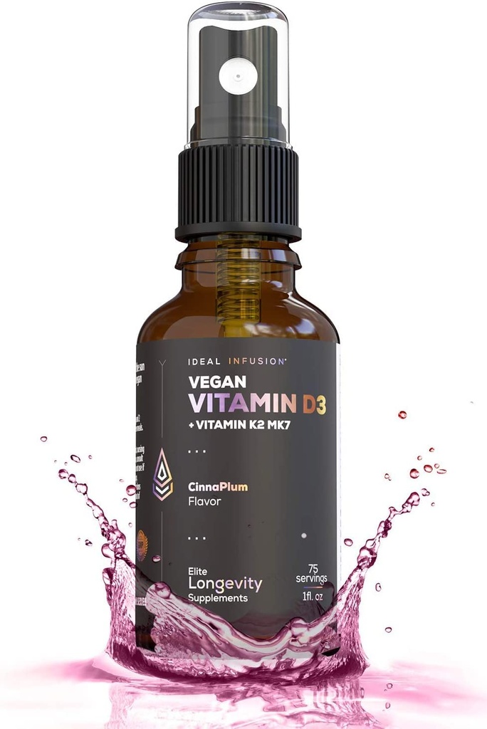 Ideal Infusion Vegan Vitamin D3 5000 iu with K2 (MK-7) Liquid Spray: Organic Plum with Cinnamon - Bone Health, Immune Support, Bone Structure (75 Servings)