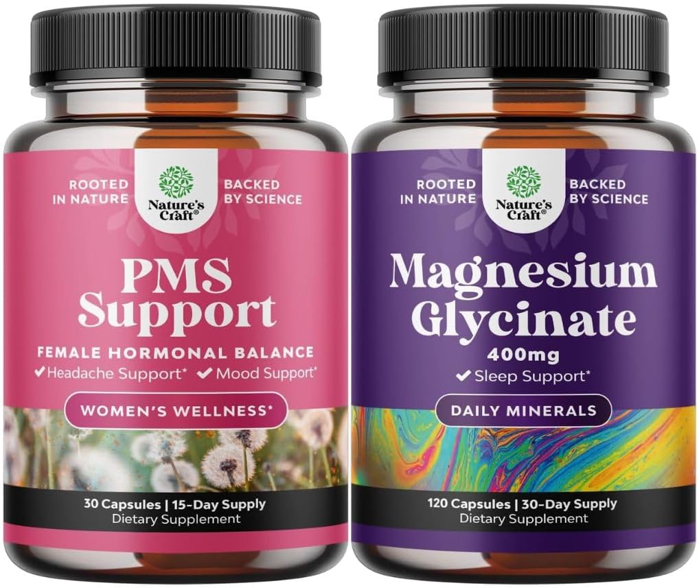 Bundle Advanced PMS Support Supplement für Damen und reines Magnesium Glycinate 400mg pro Servierung für Mood Schlaf und Entspannung