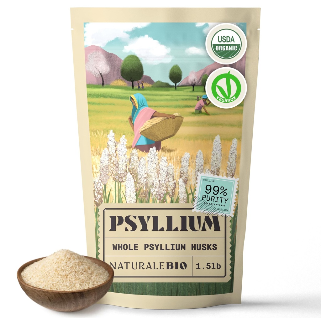 NaturaleBio Full Psyllium Husk. 1.5lbs. 99% Pure Psyllium Seed Husks. Integratore di fibre naturali. USDA Organic Certified. Prodotto in India. Gluten Free, Keto, Paleo, Diete Vegane. Probiotici