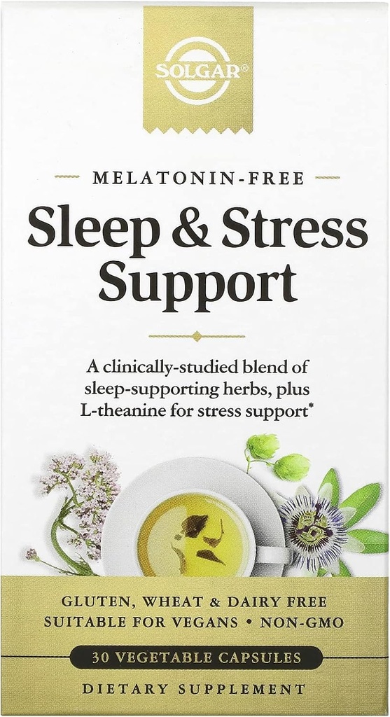 Solgar Sleep & Stress Support, Capsule vegetali, Melatonin Free, Aiuta a rilassarti, Calmarti, Fall Asleep rapidamente, Migliora la qualità del sonno con Valerian, Passionflower, Hops, Non-GMO, 15 Servings, 30 Count