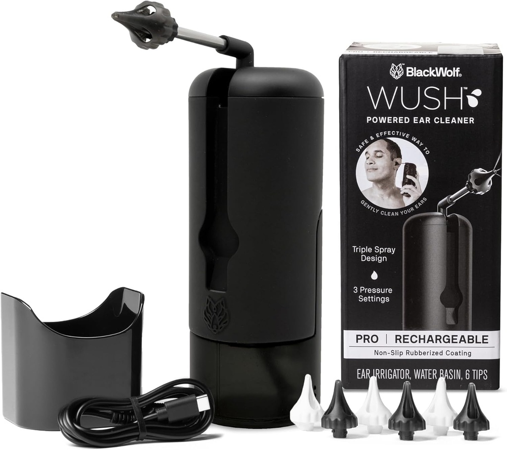 Wush Pro par Black Wolf- Deluxe Water Powered Ear Cleaner- Safe et Effective- Electric Triple Jet Stream 3 Paramètres de pression pour le build de cire d'oreille- Kit de suppression de cire d'oreille- Résistant à l'eau USB rechargeable