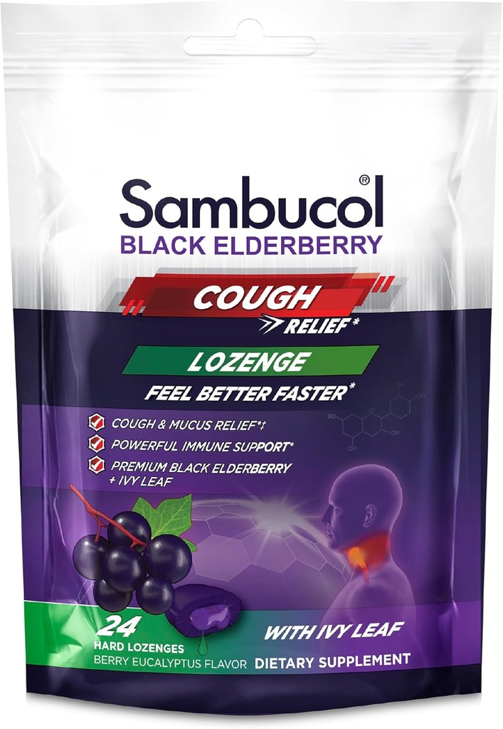 Sambucol Black Elderberry Cough Relief Lozenges - Gocce di tosse per adulti, Sambucus Elderberry Lozenges, con Ivy Leaf, Cough & Mucus Relief, Supporto immunitario, Berry Eucalyptus - 24 Count, 3 Pack
