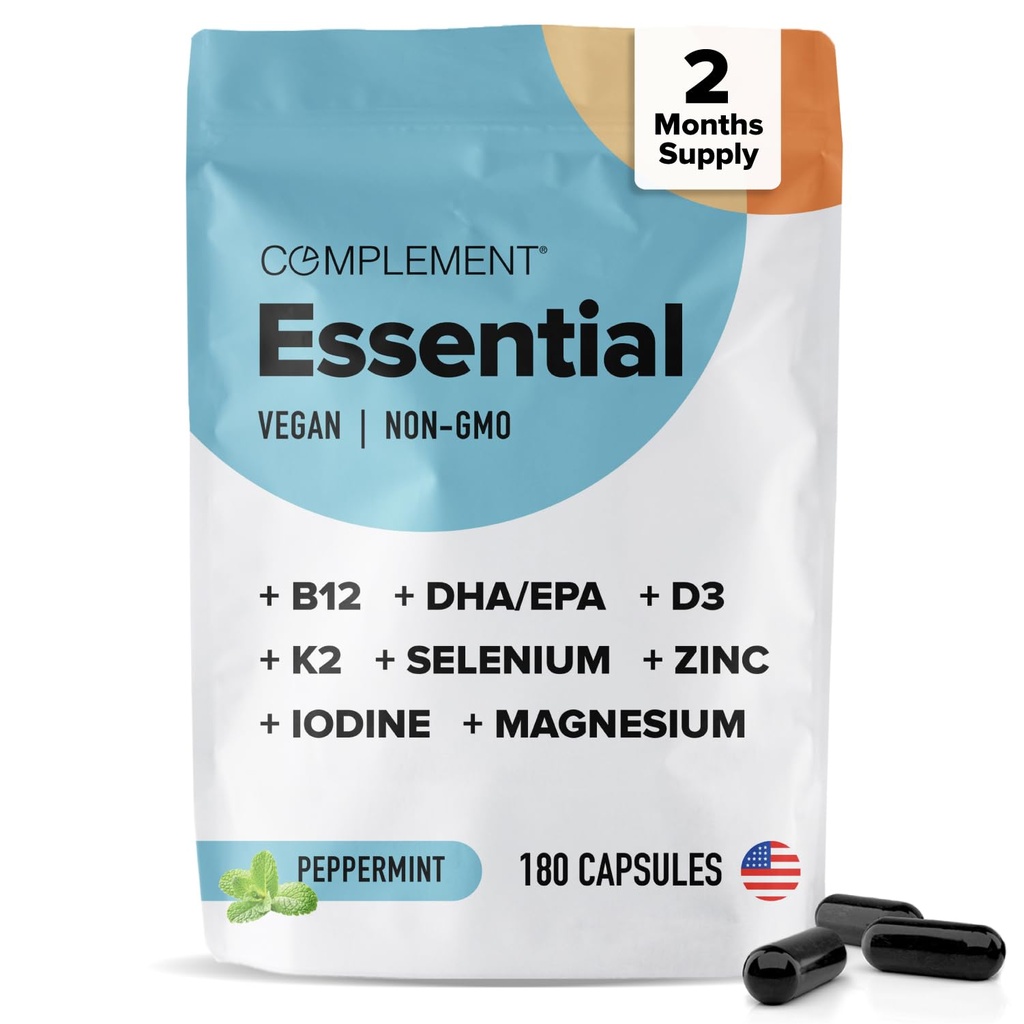 Ergänzung essentielle Vegan Multivitamin für Männer und Frauen (60 Servierungen, 180 Kapseln) mit Omega-3 DHA & EPA, B12, Vitamin D3 & K2, Zink, Selen, Magnesium, Iodine - Unterstützt Immunität & Gesamtgesundheit
