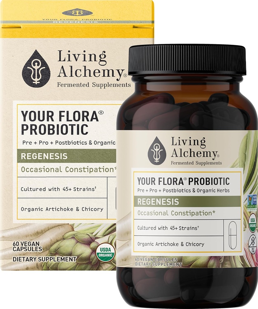 Ihre Flora Probiotic Regenesis – Non-GMO Probiotics mit fermentierter Sojabohne, Artichoke, & Chicory für Gut Wellness & Bowel Support – Präbiotika, Postbiotika, Verdauungsenzyme – Living Alchemy, 60 Pcs