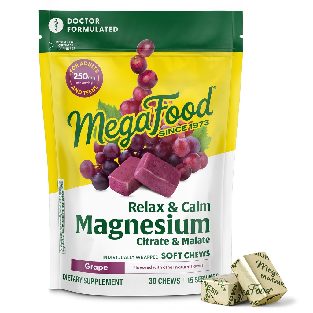 MegaFood Relax + Calm Magnesium Supplement - Weiche Kauen mit Magnesium Citrat & Malate für Herzgesundheit, Muskelspannung &amp; mehr - Vegetarier - Grape-Flavor - 30 Kauen (15 Servierungen)