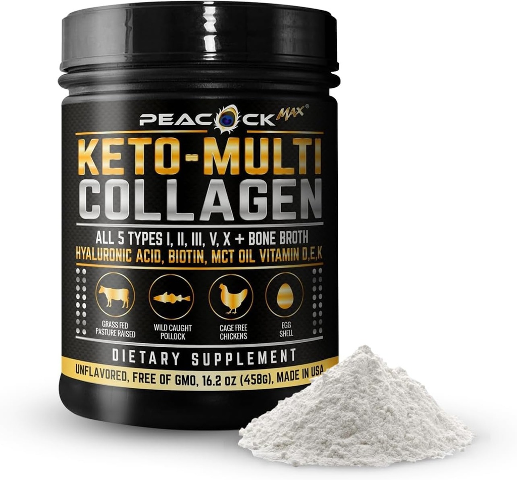 Keto Multi Collagen Peptides 16.2 oz - Polvere di proteina di brodo di ossa, con 5 tipi di collagene idrolizzato, olio MCT & Biotina per pelle, articolazioni, capelli e unghie, polvere di collagene non aromatizzata