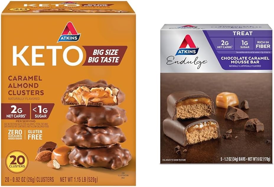 Atkins Caramel Mandel-Cluster, Glutenfrei, High in Fiber, 1g Zucker, 2g Net Carb, Keto Friendly, 20 Count & Endulge Schokolade Caramel Mousse Bar, Dessert Favorite, 1g Zucker, High in Fiber, 5 Count