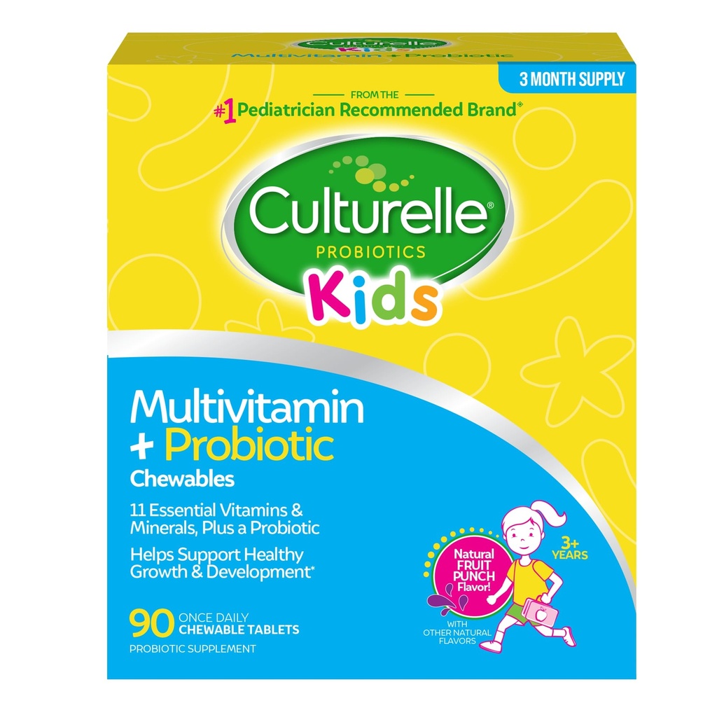 Culturelle Kids Multivitamina completa masticabile + probiotico per bambini, età 3+, 90 conteggio, salute digestiva, salute orale e supporto immunitario - con 11 vitamine e minerali, tra cui vitamina C, D3 e zinco