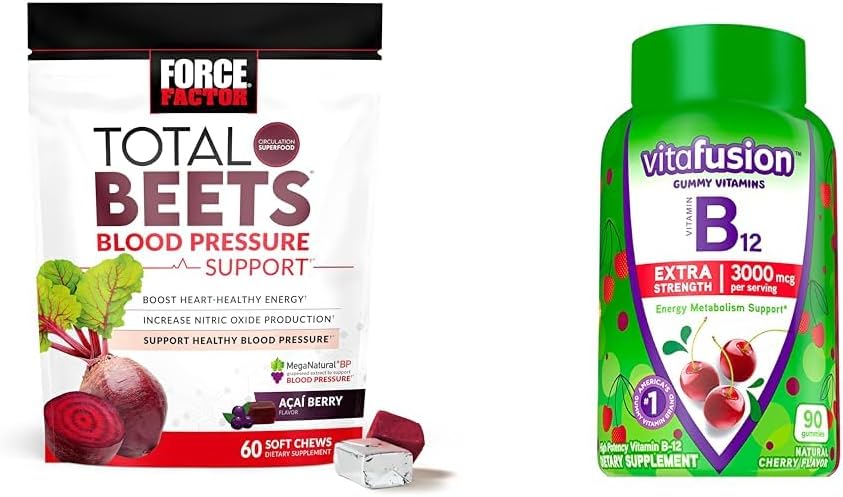 Facteur de force Betteraves totales Soutien à la pression artérielle avec extrait de raisin et Vitafusion Extra Strength B12 pour l'énergie, Gommies aromatisées cerises