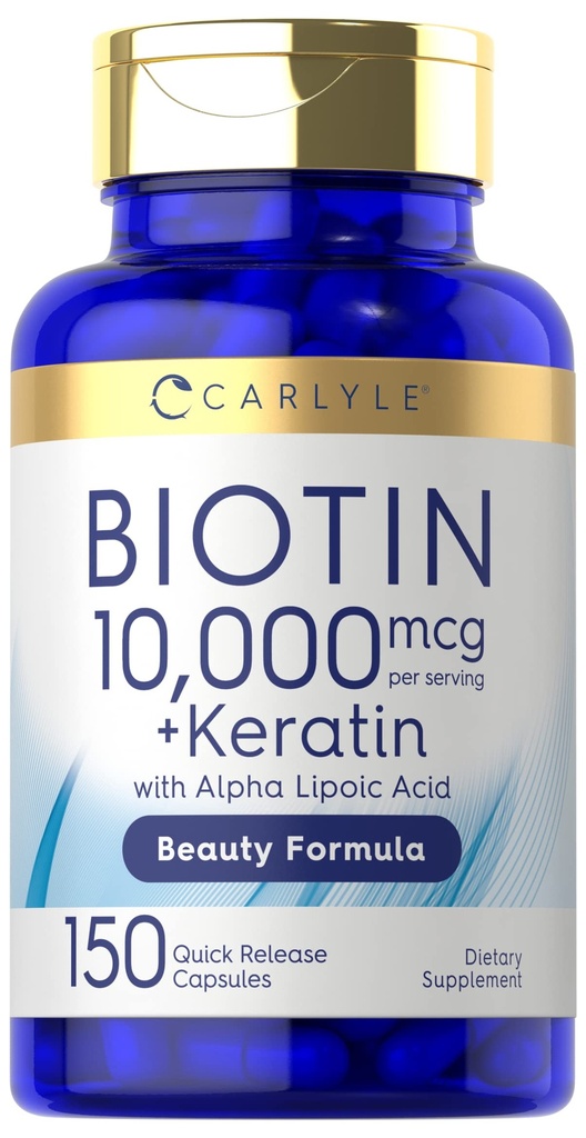 Carlyle Biotin 10000mcg (150 capsules) Formule beauté avec kératine (non-OGM), supplément sans gluten