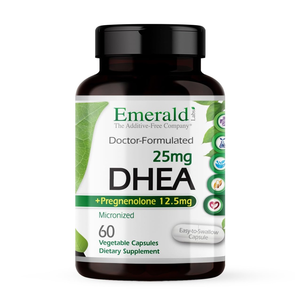 Emerald Labs DHEA 25mg - Supplément de soutien adrénal pour aider l'équilibre hormonal* - Comprend DHEA - Sans gluten - 60 capsules végétales (30 jours d'approvisionnement)