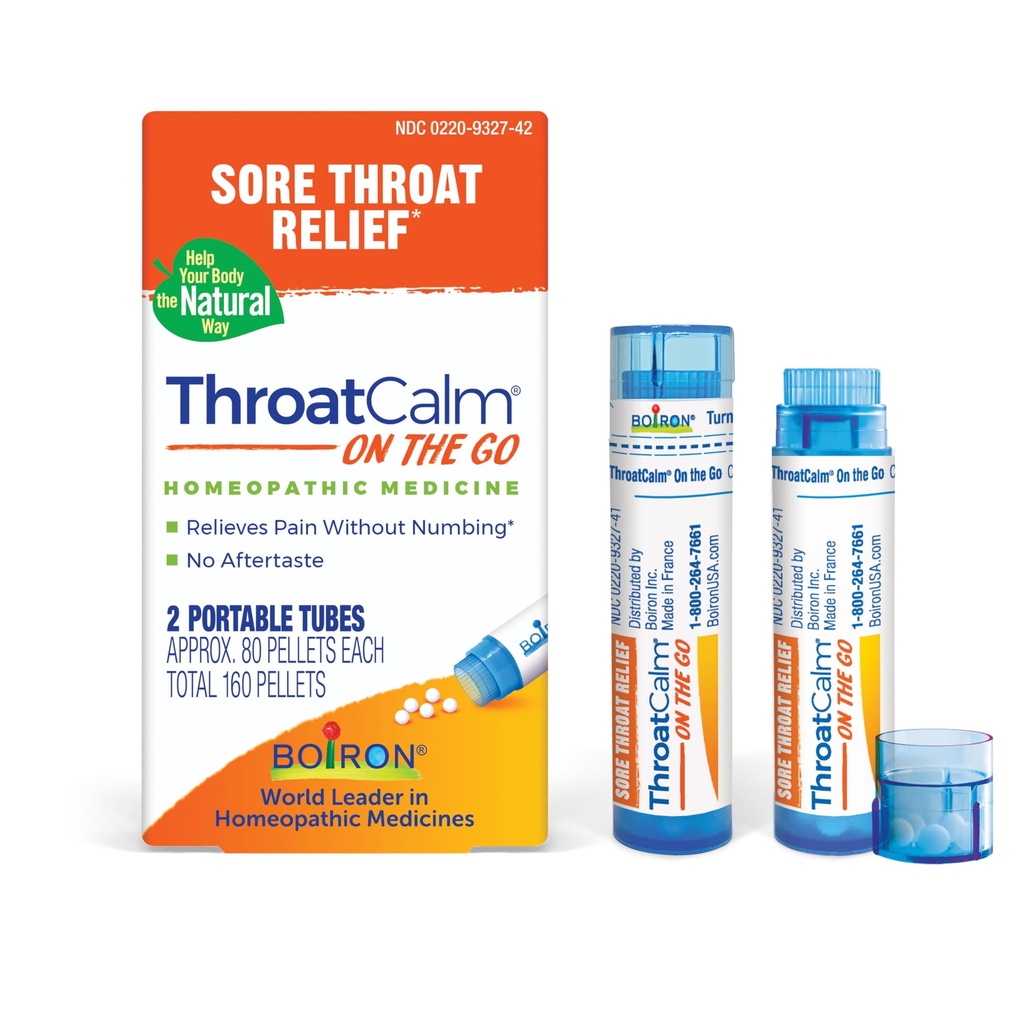 Boiron ThroatCalm On The Go Travel Essential per il sollievo della gola dorsale, o Scratchy, Red o Dry Throat, and Hoarseness - 2 Count (160 Pellets)