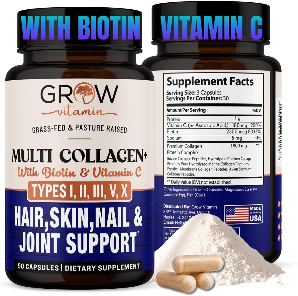 faire pousser la vitamine Multi Collagène Capsules - Types I, II, III, V & X. Mélange hydrolysé avec Biotine & Vitamine C pour cheveux, peau, ongles 90 Capsules