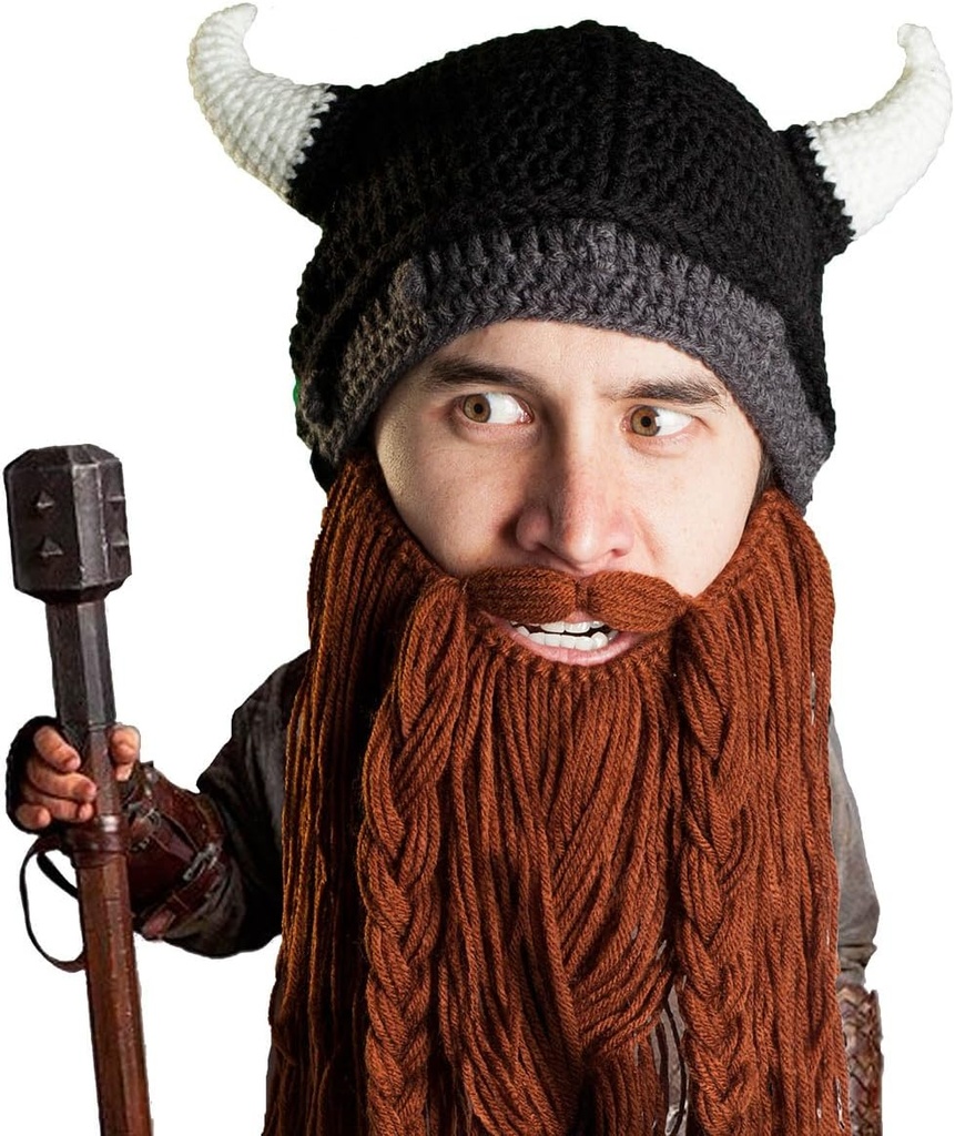 Bart Kopf Viking Pillager - Original Handgefertigte Strick Viking Horn Helm und abnehmbare geflochtene Braun/Schwarz Bart