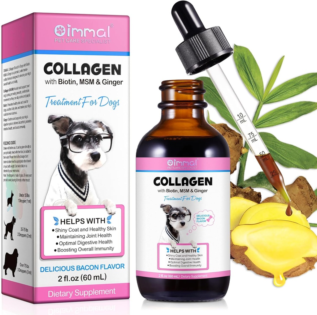 Collagène pour chiens, gouttes liquides de collagène avec biotine, MSM & Ginger Digestive & Immunity Support, Démangeaison, Skin & Coat and Joint Health, Supplément pour chiens 60ml