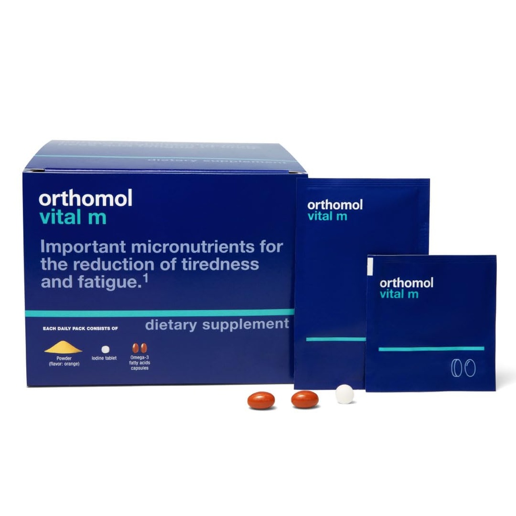 Orthomol Vital M Powder & Tablet Packet pour les hommes, supplément de vitamine 30 jours – énergie quotidienne, réduction de la fatigue et soutien de la vitalité avec les vitamines A, B, C, D, E, K, Oméga-3 et Iodine