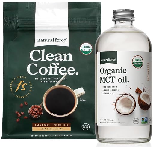 Natural Force Organic Dark Roast Clean Coffee + Organic MCT Oil Bundle – 100% reine Kokosnuss MCT & Mold & Mycotoxin Free Coffee – Non-GMO, Keto, Paleo und Vegan - 12 Oz und 16 Oz