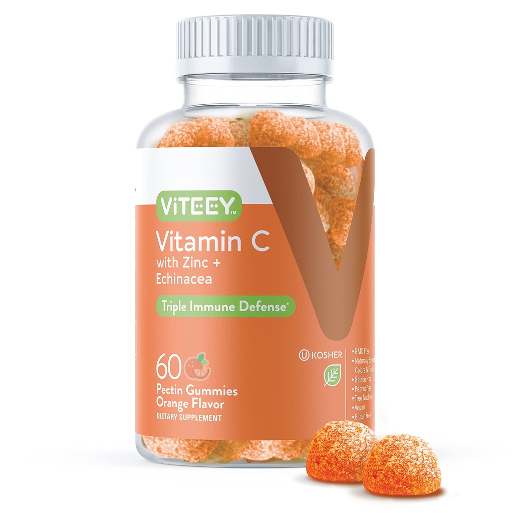 Viteey Vitamin C Gummis für Erwachsene & Jugendliche mit Zink & Echinacea - Immununterstützung Gummis - Vegan, Gelatin Free, Glutenfrei, GMO Free - Tasty Vitamin C Kaubare Orange Flavored Gummy