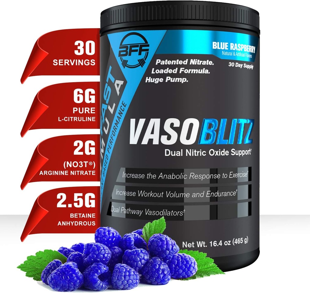 VASOBLITZ Award Winning Dual Nitric Oxide Pre Workout with NO3T Arginine Nitrate,L-Citrulline,Betaine Anhydrous,Calcium Lactate,Caffeine Free for Muscular Endurance(30 Serving) (Blue Raspberry)