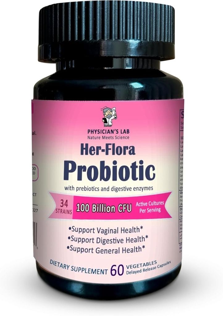 Physicians Lab Her-Flora Frauen Probiotic 100 Billion CFU pro Kapsel, Non-GMO, 34 Strains, mit Prebiotics & Digestive Enzyme, Gut & Vaginal Health, H.Pylori Support, 60 Veg Caps,2-Months Supply!