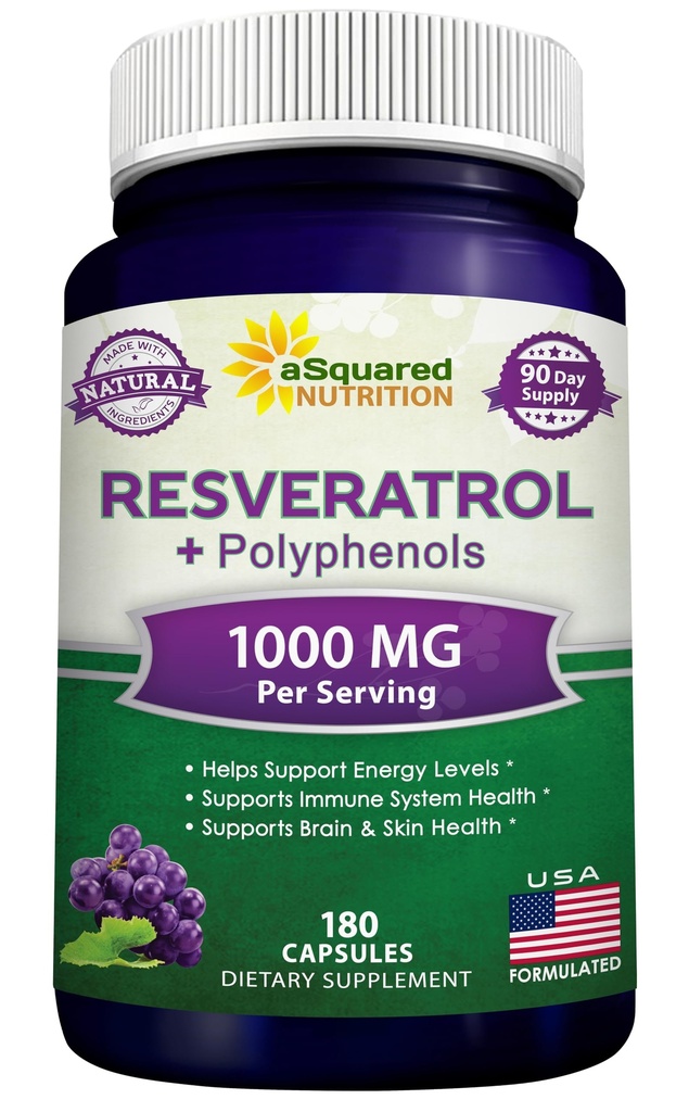 aSquared Nutrition Natürliche Resveratrol mit Rotweinextrakt - 180 Kapseln - Trans Resveratrol Antioxidante Ergänzung Pillen für reine Herzgesundheit - Extra Strength Trans-Resveratrol