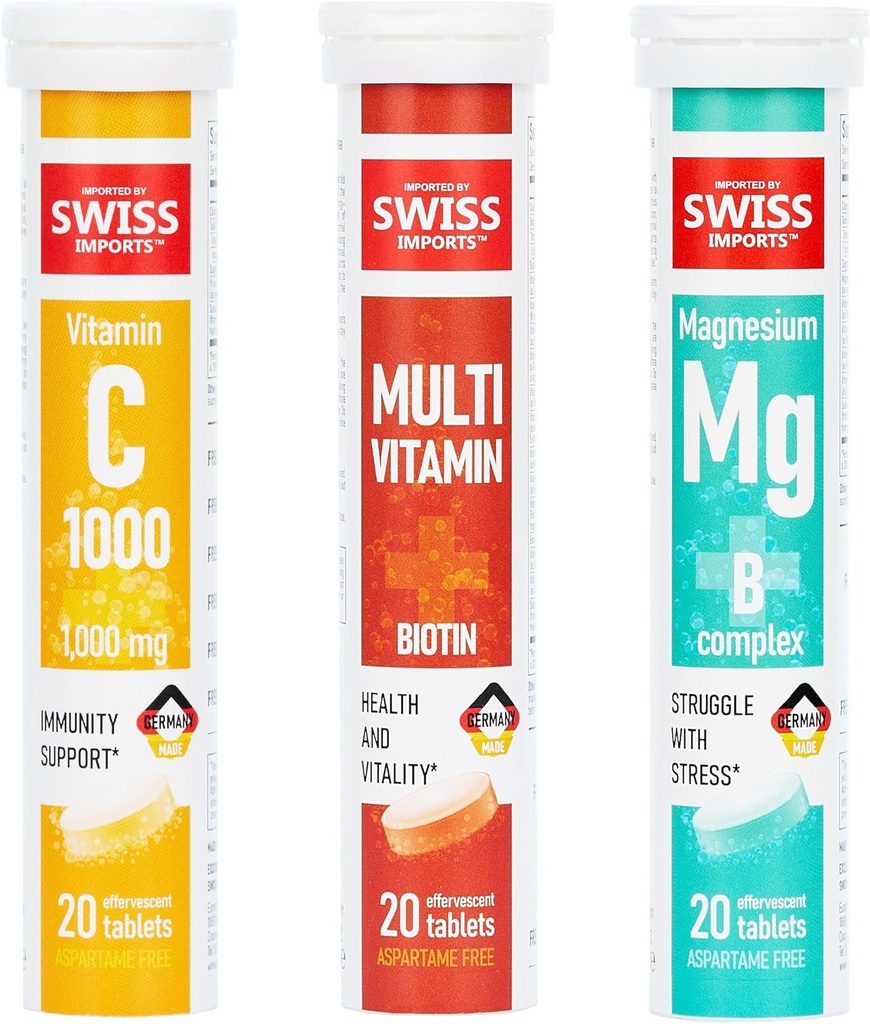 Effervescent Variety Pack with Vitamin C 1000mg, Magnesium + B Complex, Multivitamin + Biotin, 6-Pack, 120 Tablets