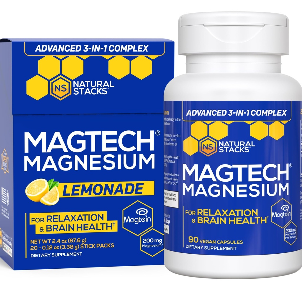 NATURAL STACKS MagTech Magnesium Capsule + Magtech Drink Mix Bundle - Supporta Rilassamento e salute del cervello* - 50 Total Servings