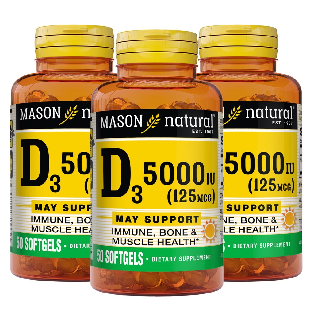 MASON NATURAL Vitamine D3 125 mcg (5000 UI) - Soutient la santé globale, renforce les os et les muscles, à partir de l'huile de foie de poisson, 50 softgels (paquet de 3)