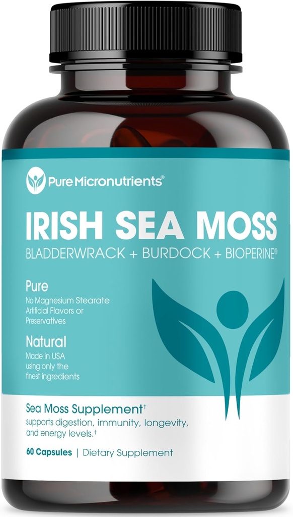Pure Micronutrients Irish Sea Moss Capsule - Pillole di Seamoss irlandesi organici con Bladderwrack, Burdock & Black Pepper per l'energia, l'immunità, la tiroide, la digestione, la salute del cuore e del chiodo