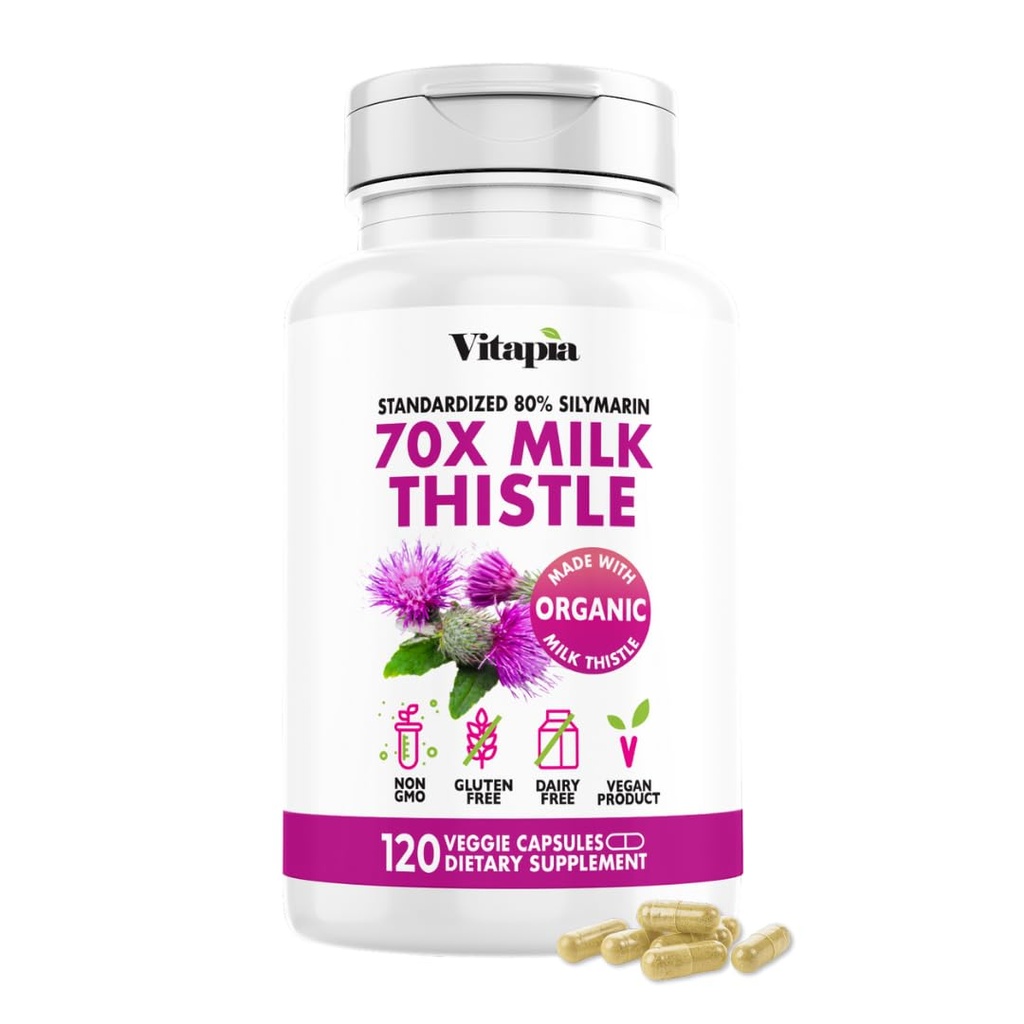 Vitapia Organic Milk Thistle Extract 70:1 Supplement - Leberreiniger Detox & Repair, Lebergesundheitsunterstützung, Antioxidantien - 120 Vegan Kapseln, Non GMO, Glutenfrei