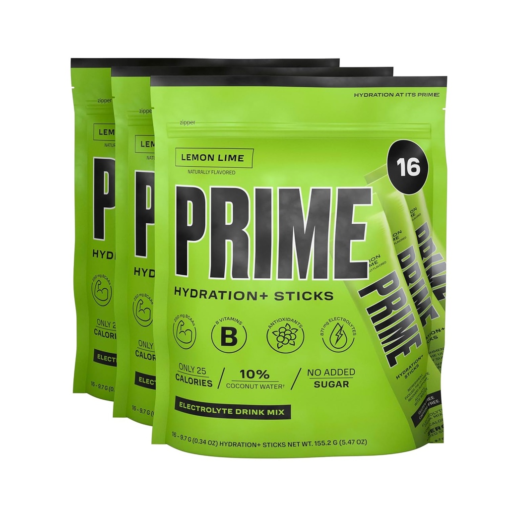 PRIME HYDRATION+ Sticks Lemon Lime | Polvere di idratazione Bastoncini di singola dose | Polvere di elettrolita sul Go | Basso zucchero | Caffeina-Free | Vegan | 48 Sticks