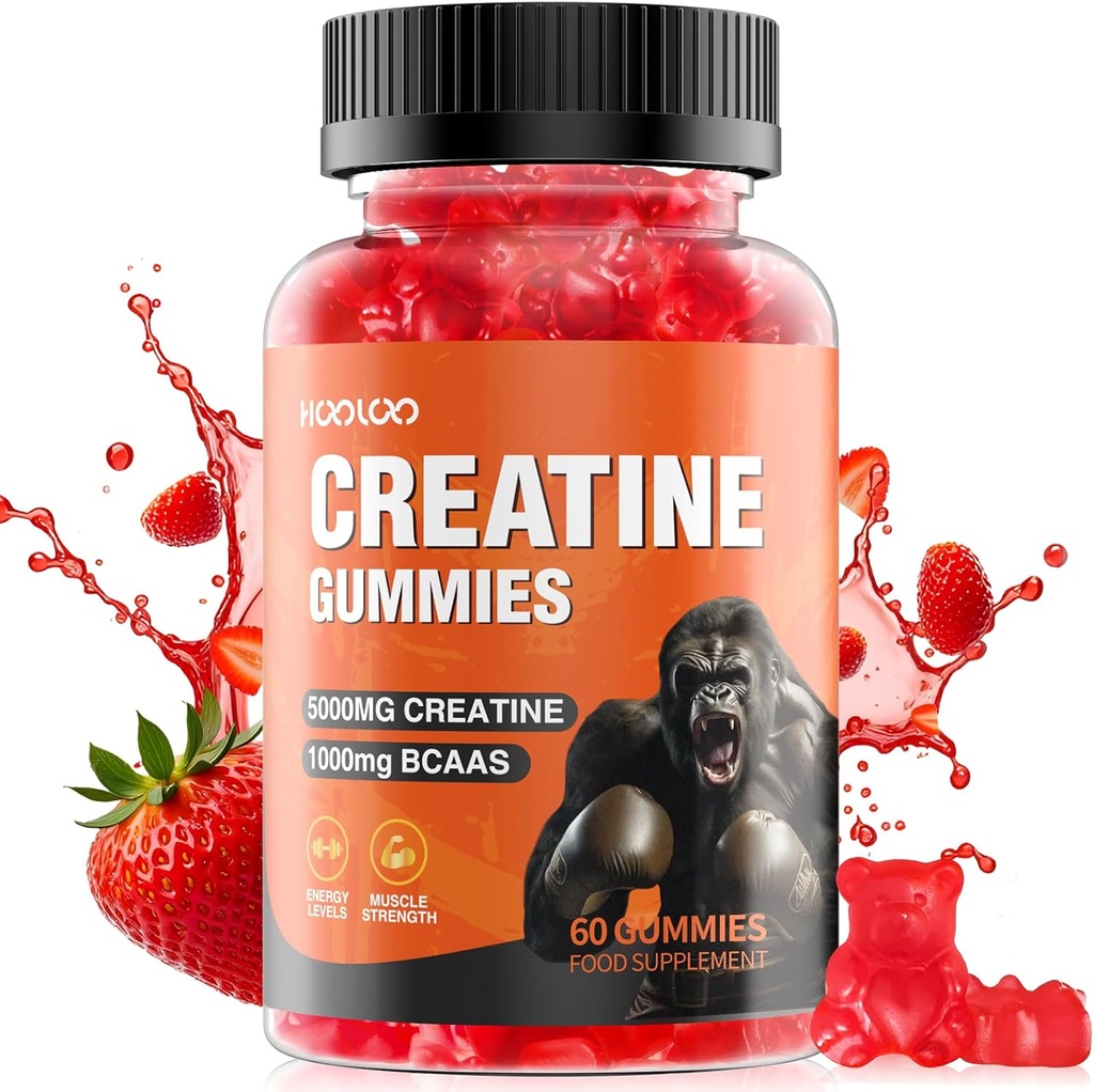 HOOLOO Creatina Gummies 5000mg Creatina Monoidrato, 1000mg BCAAs per Serving - Masticabile Vegan Zucchero Gummie Libere, Fiamma di Fragola (1 Mese di Alimentazione)