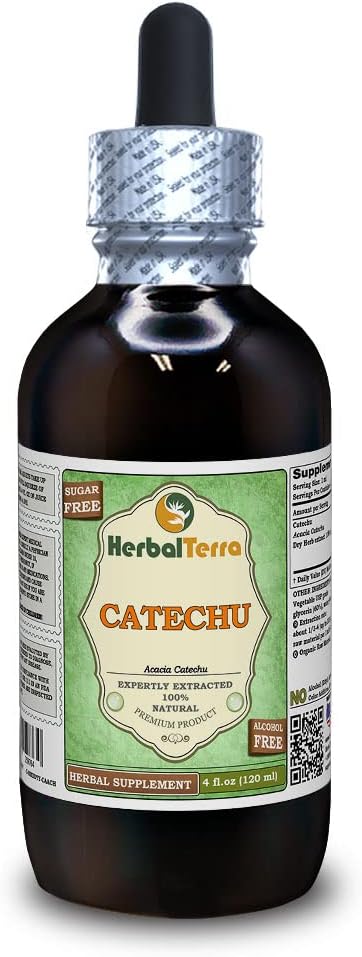 Catechu (Acacia Catechu) Glycérite, extrait liquide sans alcool à base d'herbe séchée (marque: HerbalTerra, fièrement fabriqué aux États-Unis) 4 fl.oz (120 ml)