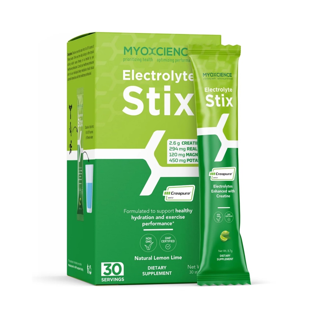 MYOXCIENCE Electrolyte STIX | Polvere di elettrolita di creatina | Recupero da esercizio e sviluppo del muscolo w / sale di guarigione (Lemon Lime Flavor) (Stix 30 ct)