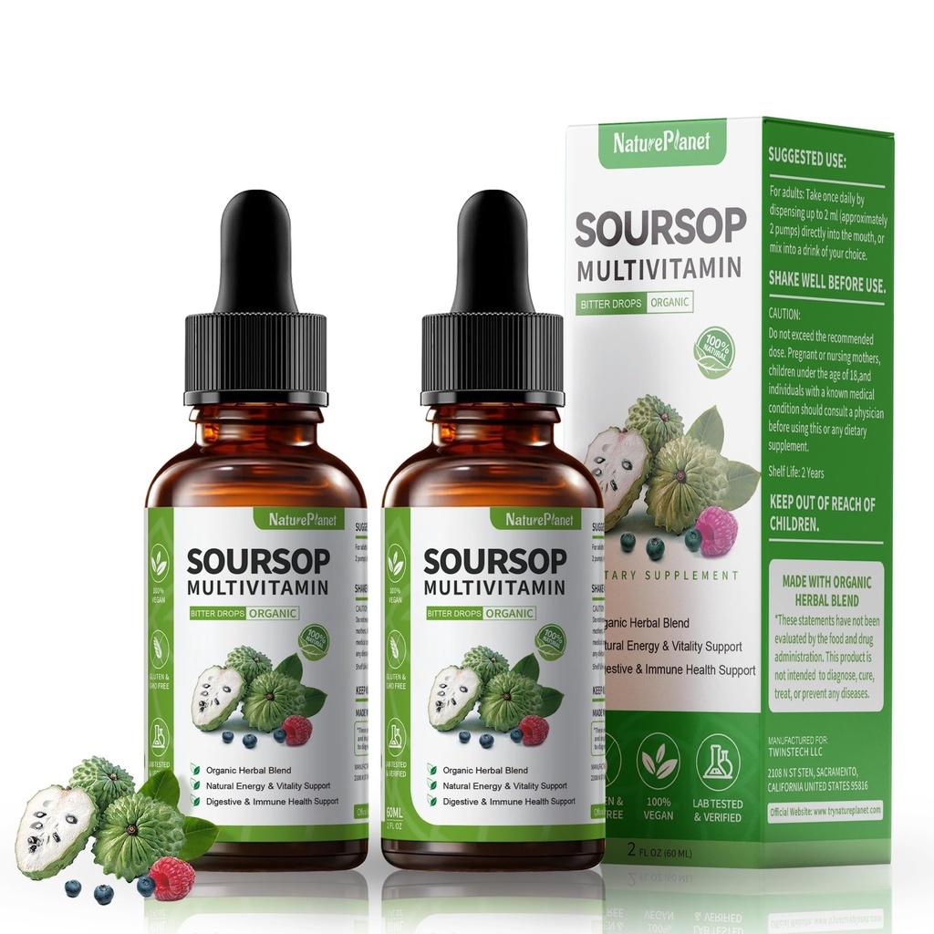 Susop Bitters gouttes liquides avec vitamine C, D3, B6, Sousop Fruits et Extrait de feuille + 10 Bitters Botaniques pour Imune Soutien Digestion santé Boost antioxydant non-OGM Vegan 120mL/4 Fl Oz