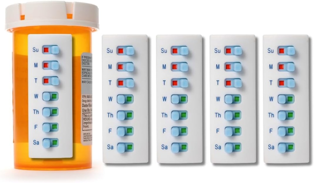 Take‐n‐Slide Peel and Stick Reutilisable for 12 + Recharges, Pill/Medication/Vitamine/Pet Med Tracker & Rappel, Joindre à votre bouteille, sans organisateur, courbée-Retour (Blanc, 5-Pack)