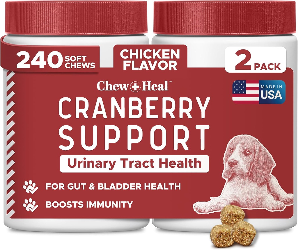 Supplément de canneberge pour chiens de traitement UTI, 240 chews mous - Soutien de l'infection urinaire naturelle et contrôle de la vésicule saine – fabriqué avec de l'échinacée et de la vitamine C (2 paquets de 120)