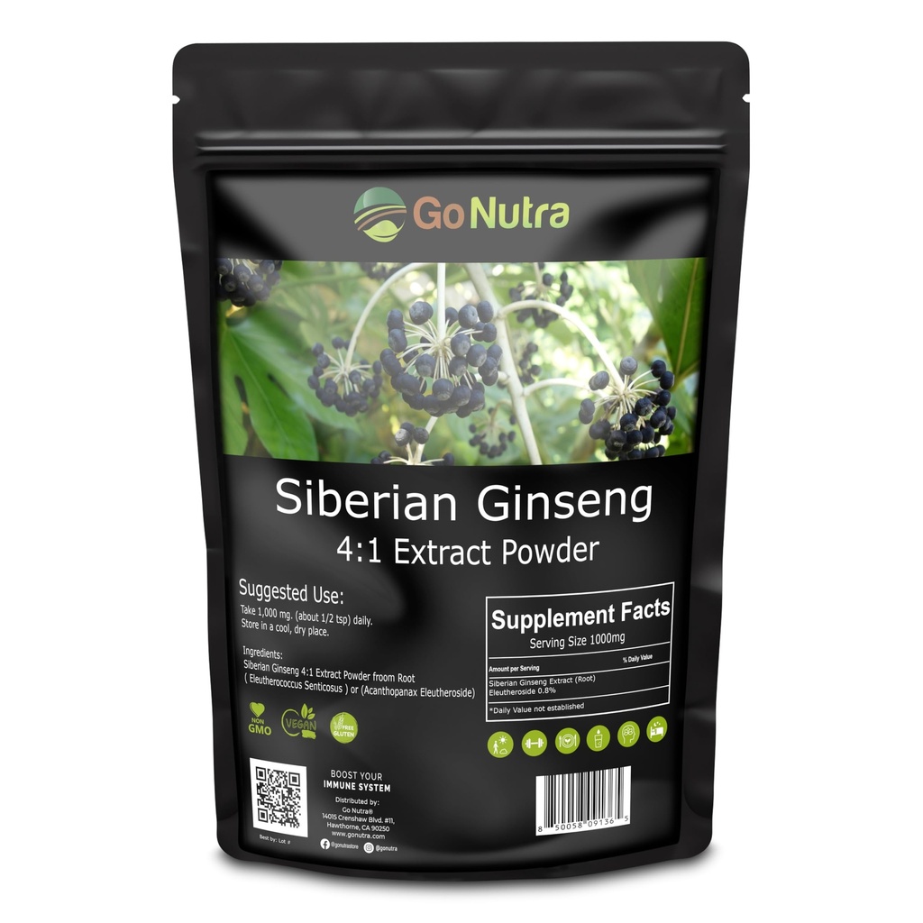 Go Nutra Sibirische Ginseng - Eleuthero Wurzelpulver | 4:1 Extrakt 4X mal Stärker | Unterstützt Energie & Stamina | Natürliche & adaptogene s Eleutherococcus Senticosus | Non-GMO | 4 Unze