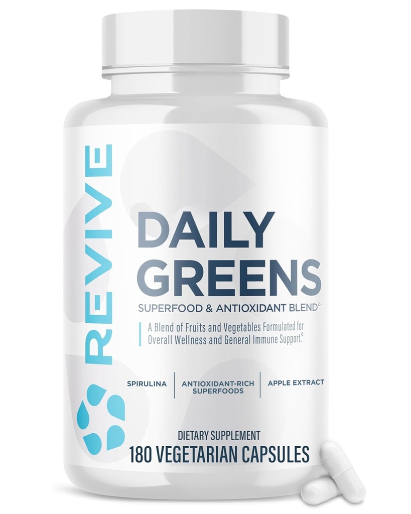 Revive MD Daily Greens Supplemento per gli uomini e le donne - Superfood & Antioxidant Blend w/Digestive Enzymes, Prebiotics & Probiotics per il supporto immunitario, Digestivo & Gut Health - 180 capsule (60 Serve)