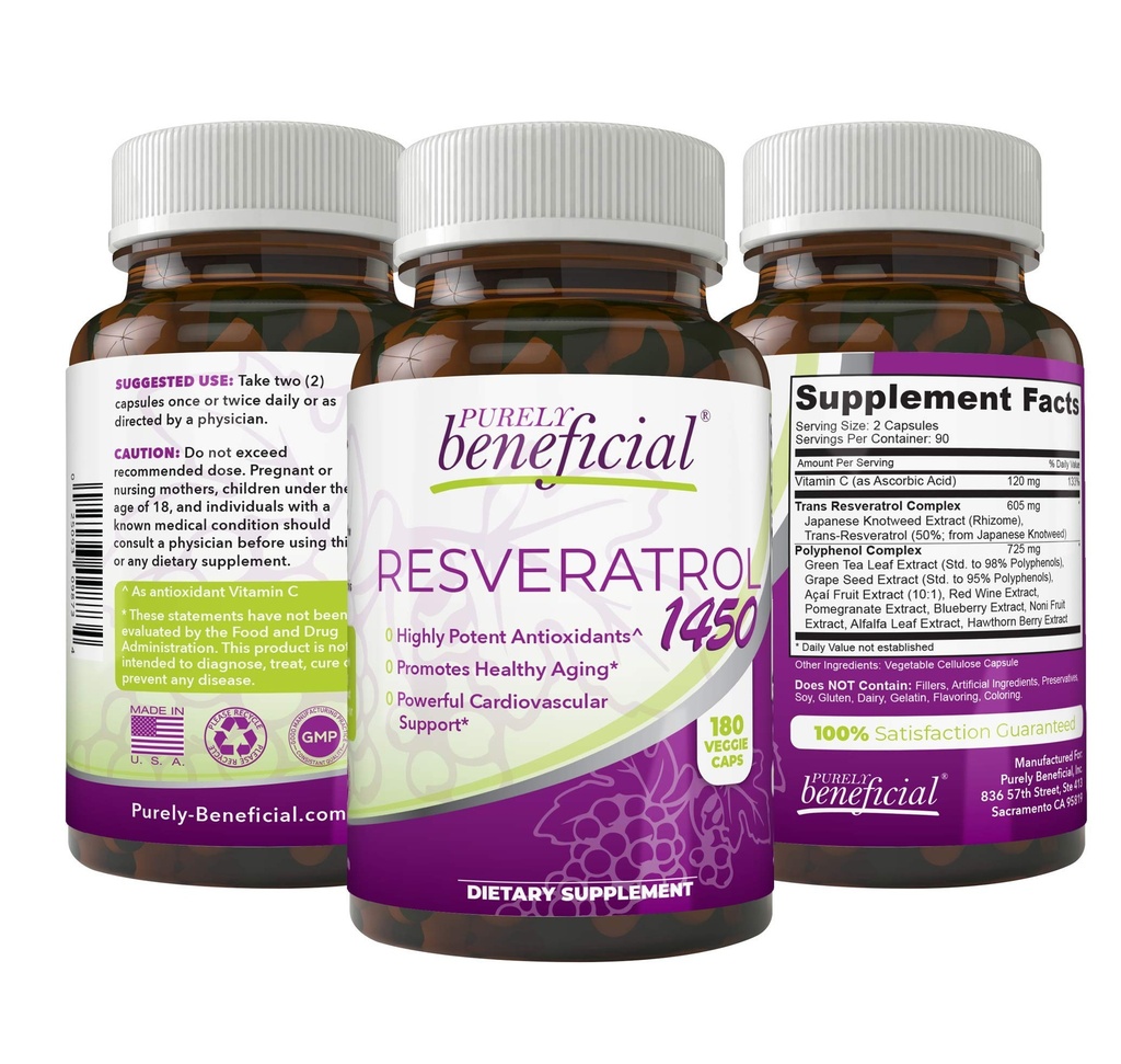 RÉVERATROL 1450-90 jours d'approvisionnement, 1450mg par service d'antioxydants et de trans-résvératrol, favorise l'anti-âge, le soutien cardiovasculaire, les avantages maximaux(1bouteille)