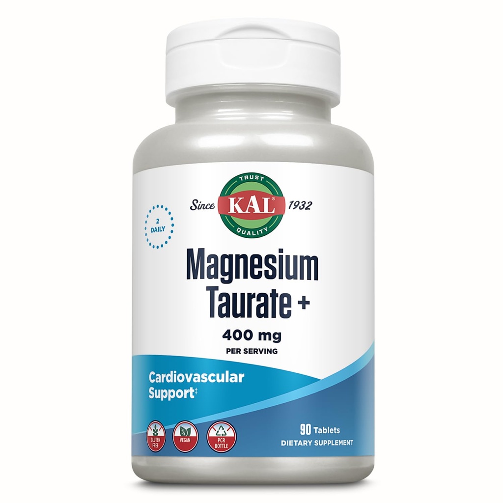 KAL Magnesium Taurate 400mg Plus Coenzima Vitamina B6, Chelated Magnesium Supplement, Funzione muscolare sana, Nerve e Heart Health Support, Gluten Free, Vegan, 60-Day Guarantee, 45 Serv, 90 compresse